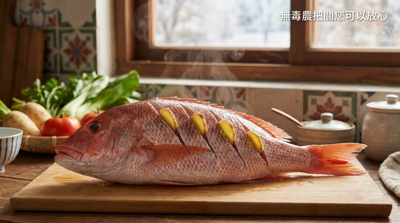 紅石老魚前置作業：魚身劃刀並塞入薑片