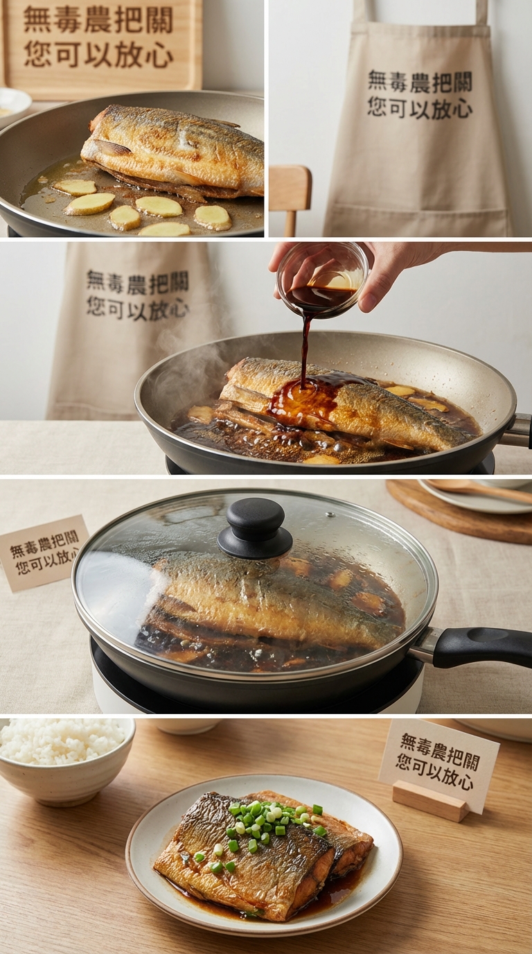 平底鍋中乾煎虱目魚肚至金黃酥脆，無毒農把關