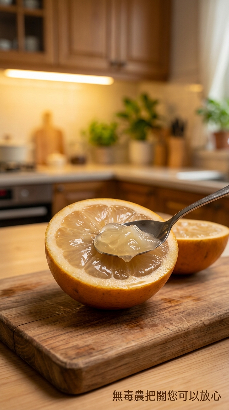 處理黃金果肉，挖取透明果凍狀果肉