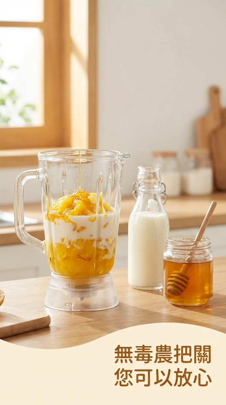 將黃金果肉、鮮奶與蜂蜜放入果汁機攪打