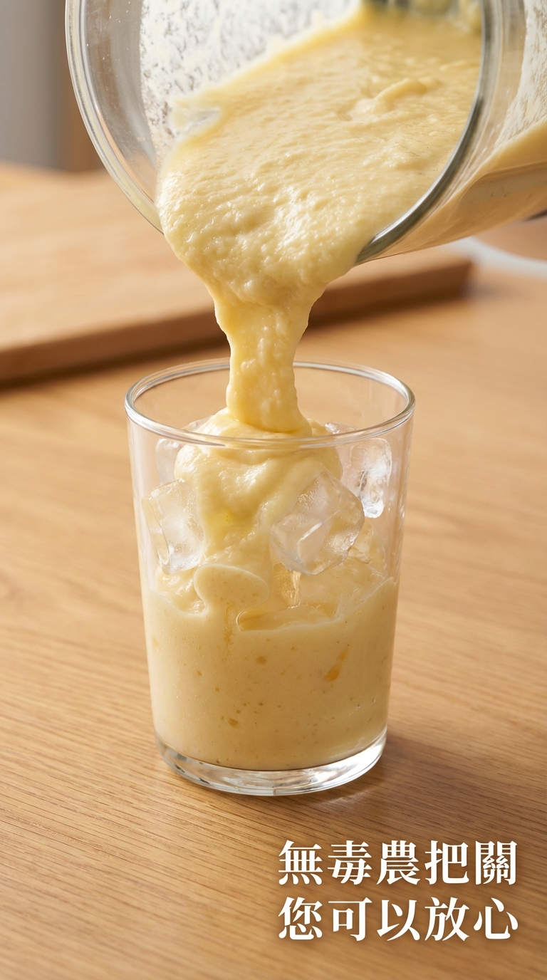 將打好的黃金果昔倒入裝有冰塊的玻璃杯中