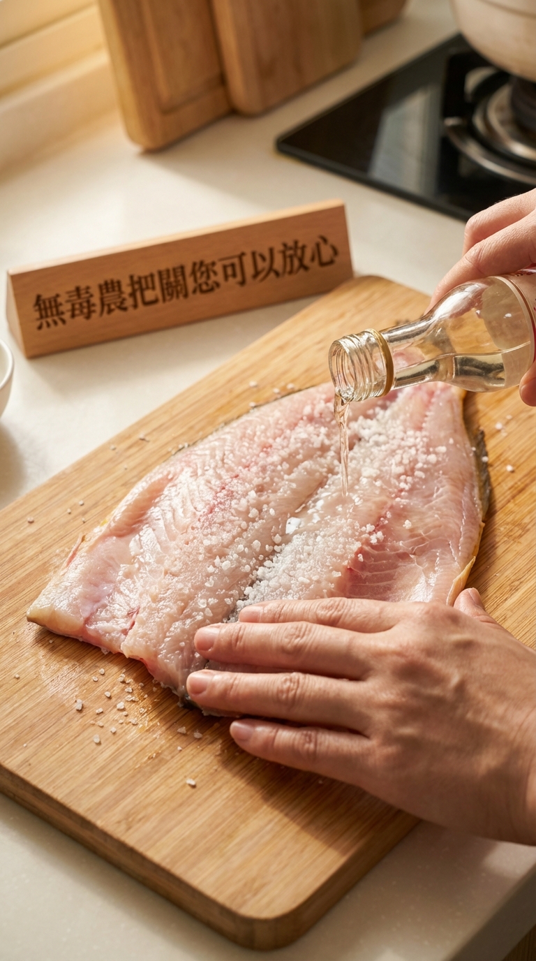 步驟一：黃魚洗淨與去腥醃製，抹上米酒與鹽