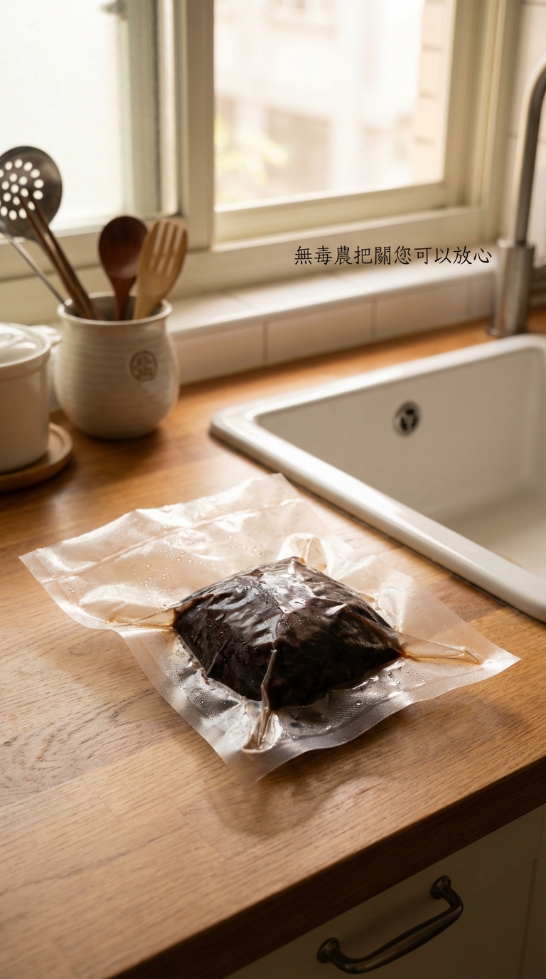 步驟一：將真空包裝的煙燻舒肥和牛頰放在流理台進行退冰回溫