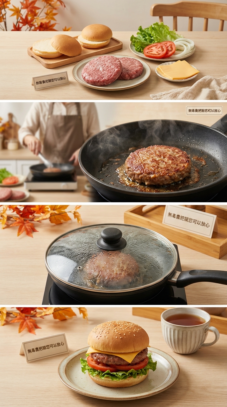 組裝完成的和牛漢堡，生菜番茄起司層次分明