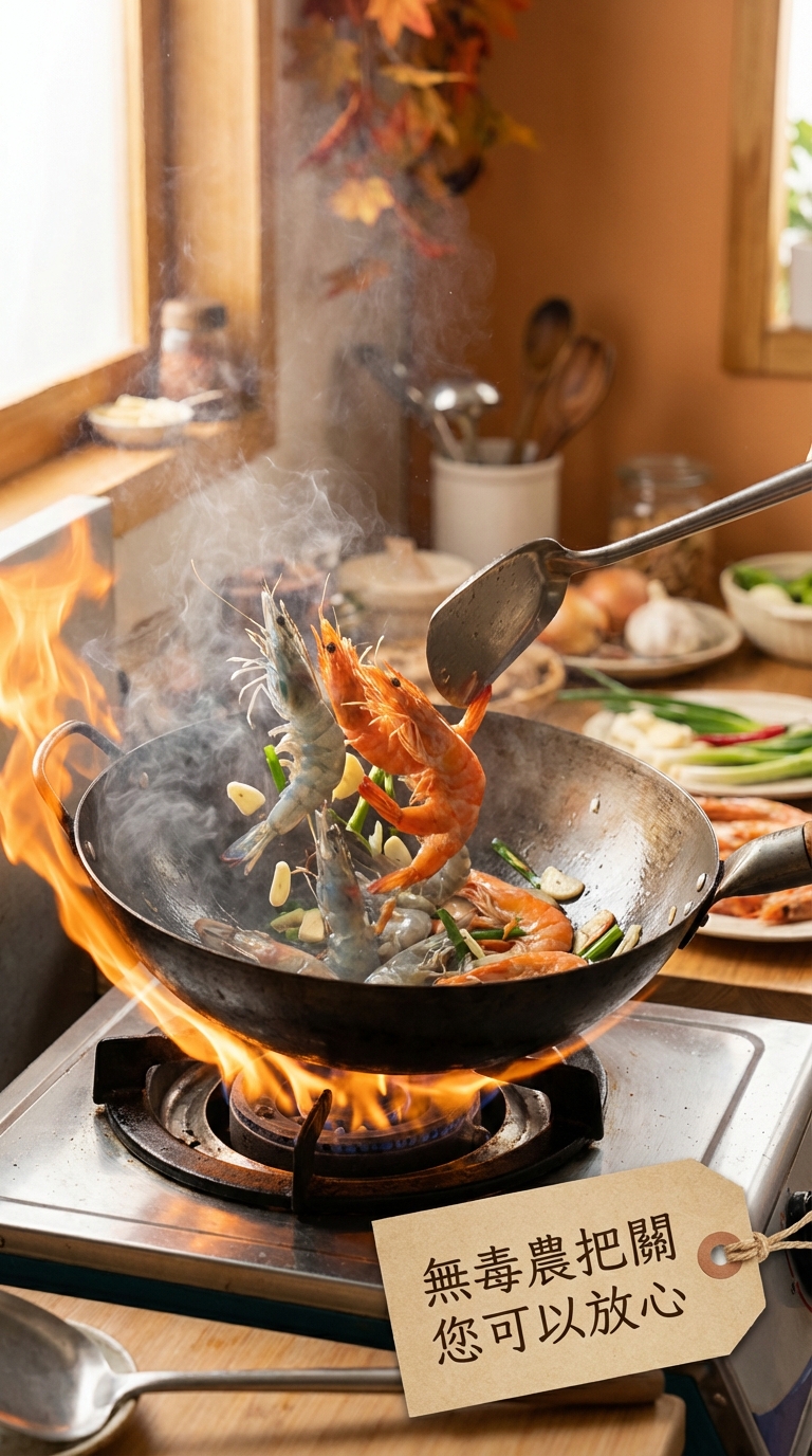 步驟三：放入劍蝦，大火快炒
