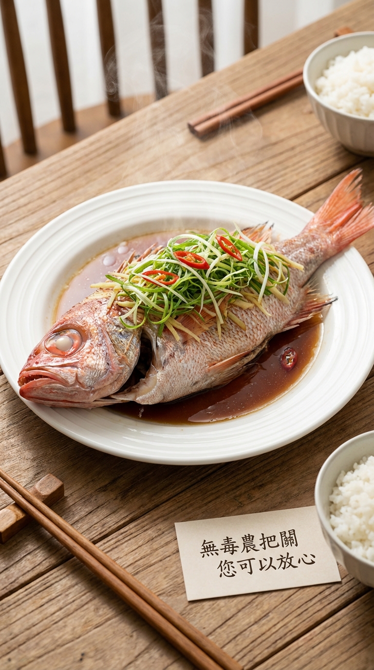 步驟三：清蒸大紅目鰱完成，淋上醬汁與蔥絲