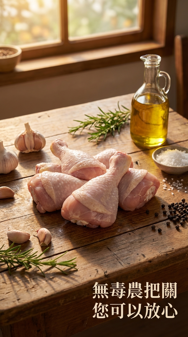 準備食材：雞棒棒腿、蒜頭、迷迭香、橄欖油、海鹽與黑胡椒