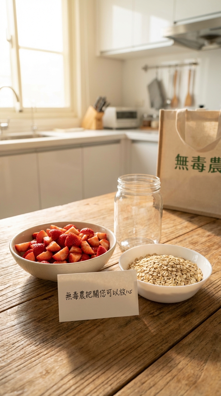 準備製作草莓牛奶燕麥杯的食材：新鮮草莓、燕麥片、玻璃罐