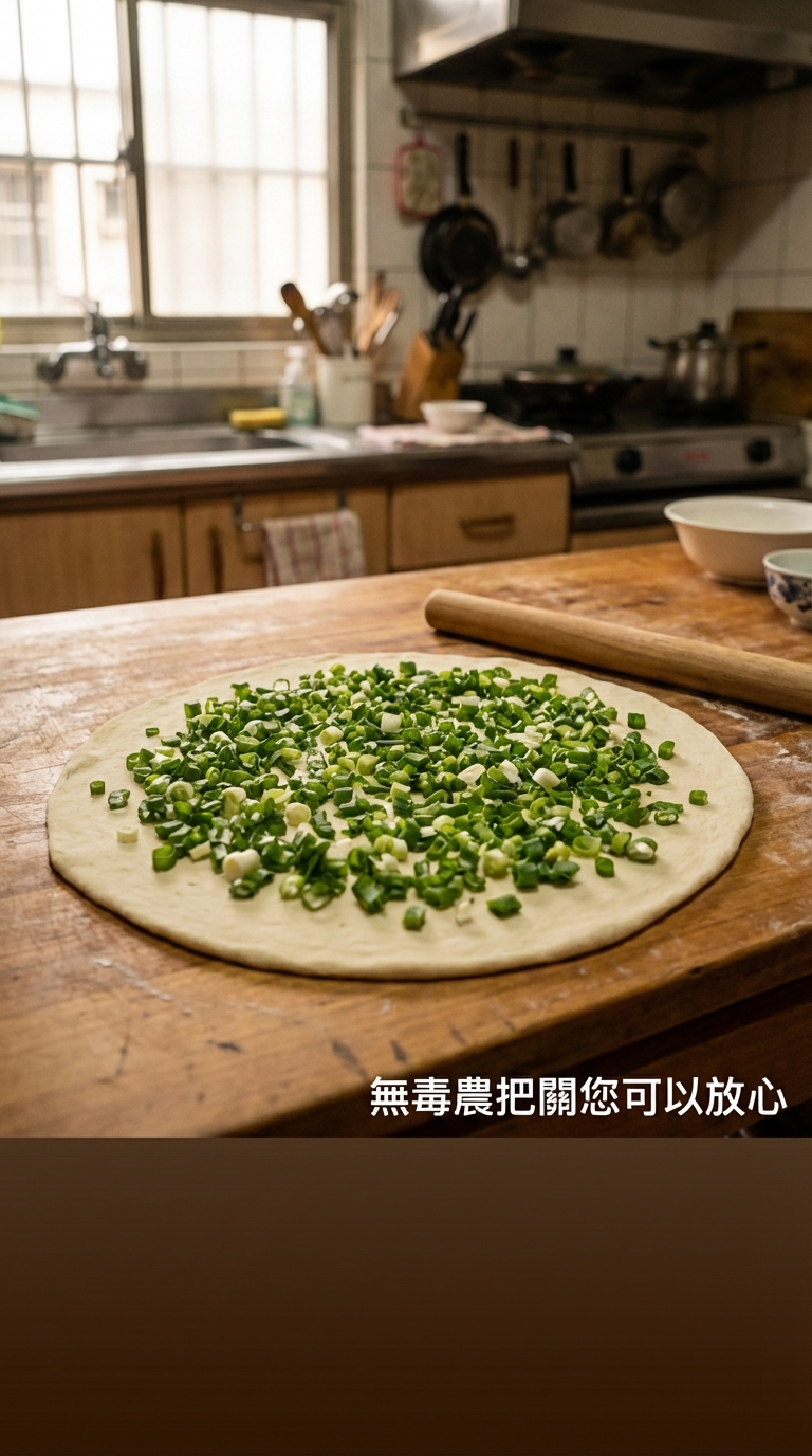 擀皮步驟：將麵糰擀平並撒上滿滿的三星蔥花