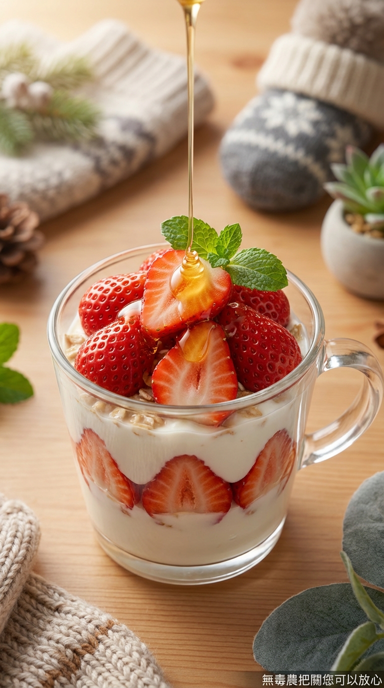 擺放草莓淋蜂蜜點綴