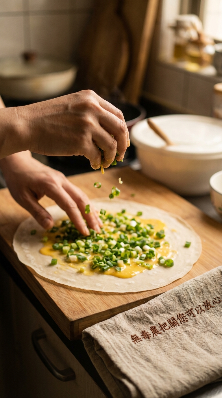 鋪滿三星蔥花與淋上蛋液的製作過程，無毒農把關您可以放心