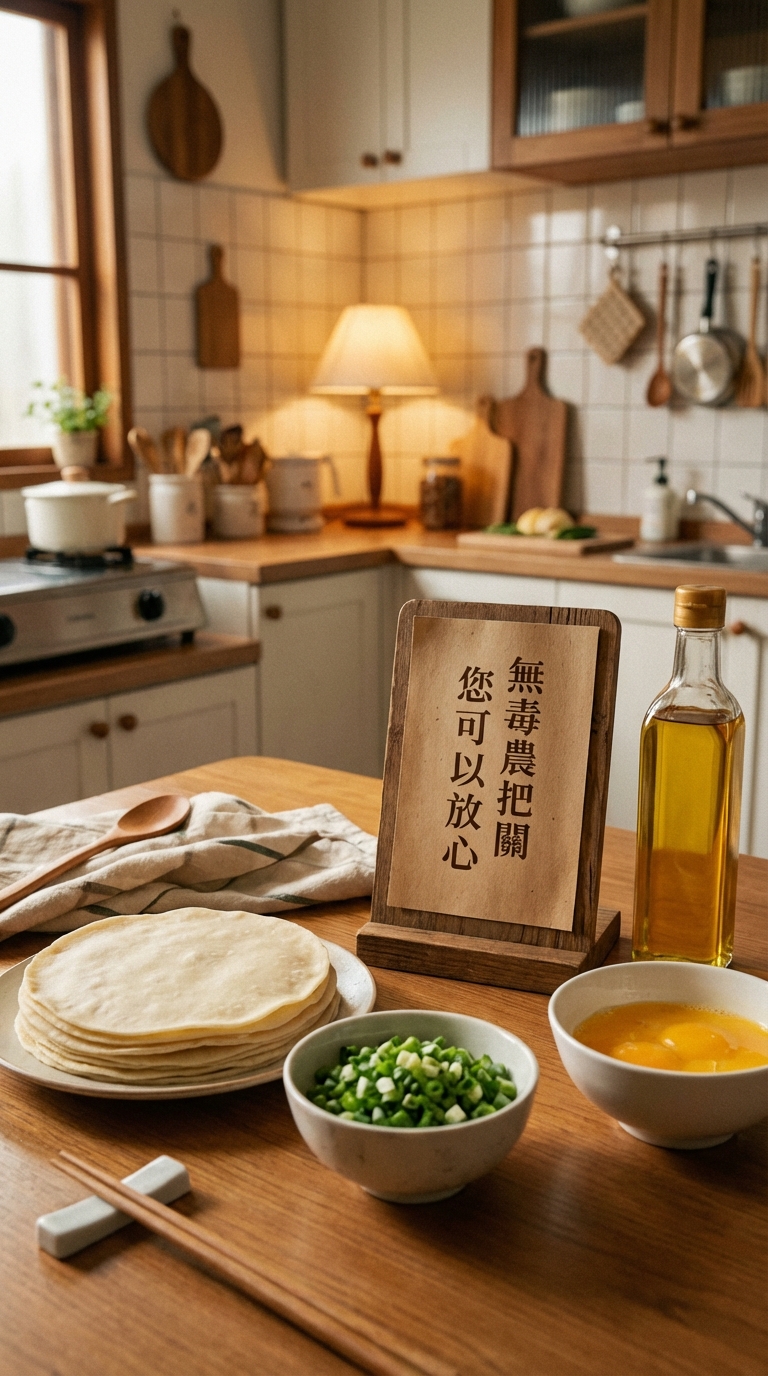 準備食材：蛋餅皮、蔥花、蛋液與油，無毒農把關您可以放心