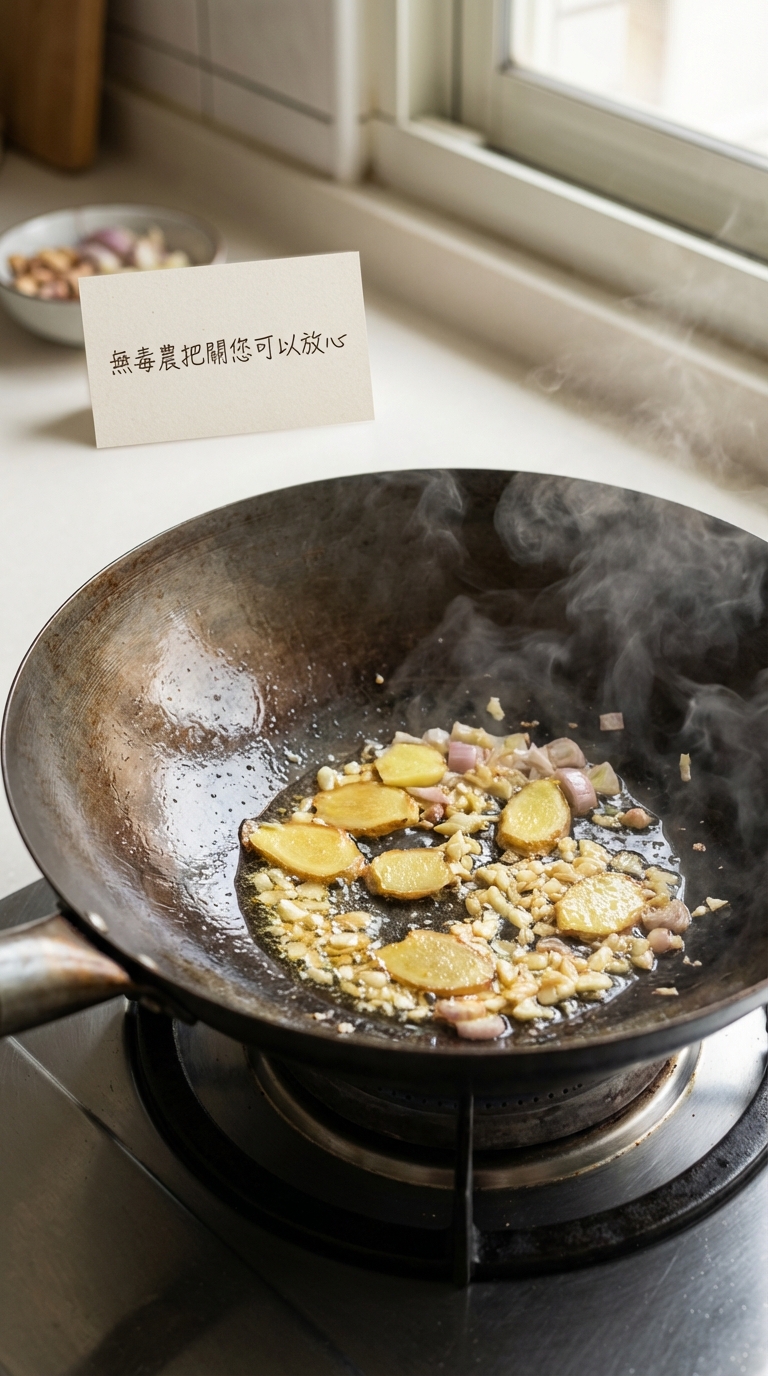 鍋中爆香薑片蒜末與紅蔥頭