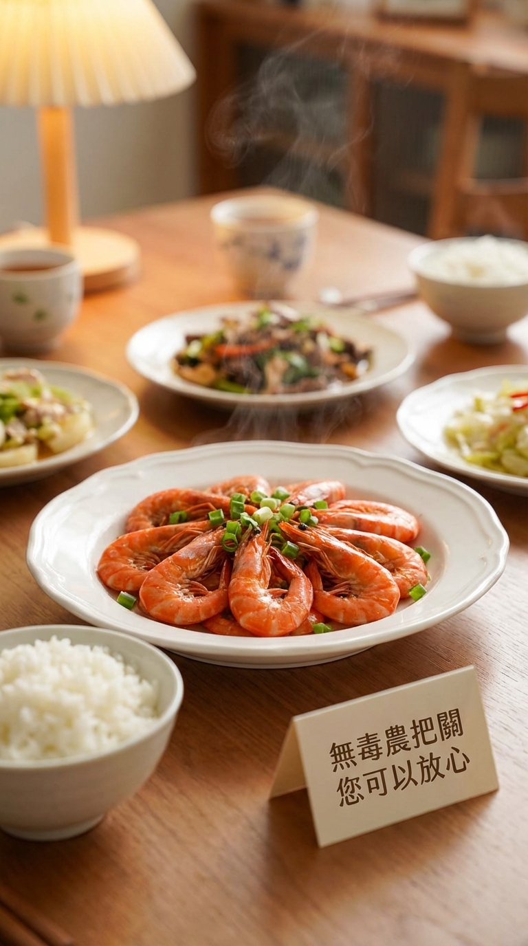 撒上蔥花的大白蝦盛盤上桌