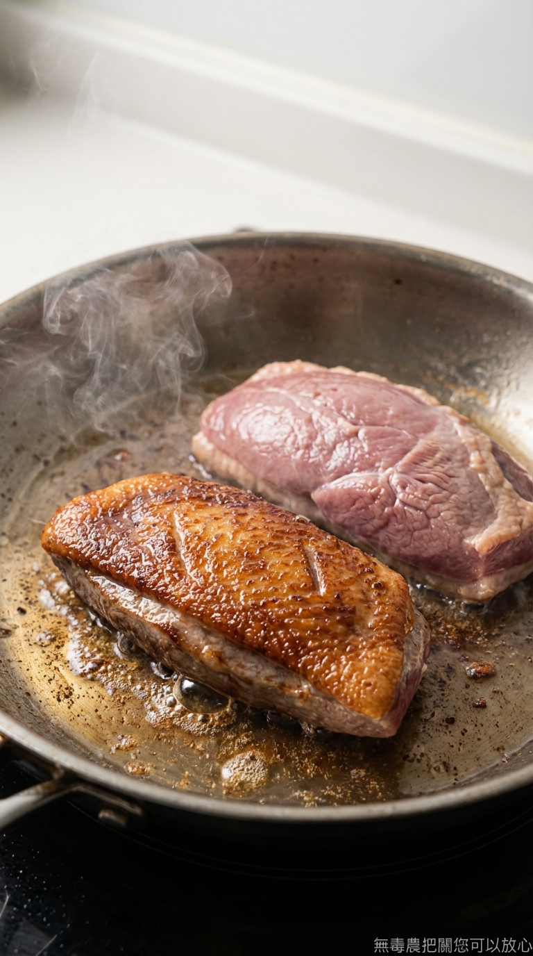 鍋中煎鴨肉與爆香