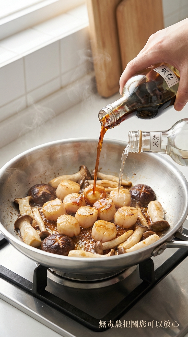 調味與起鍋：淋入醬油與米酒提鮮