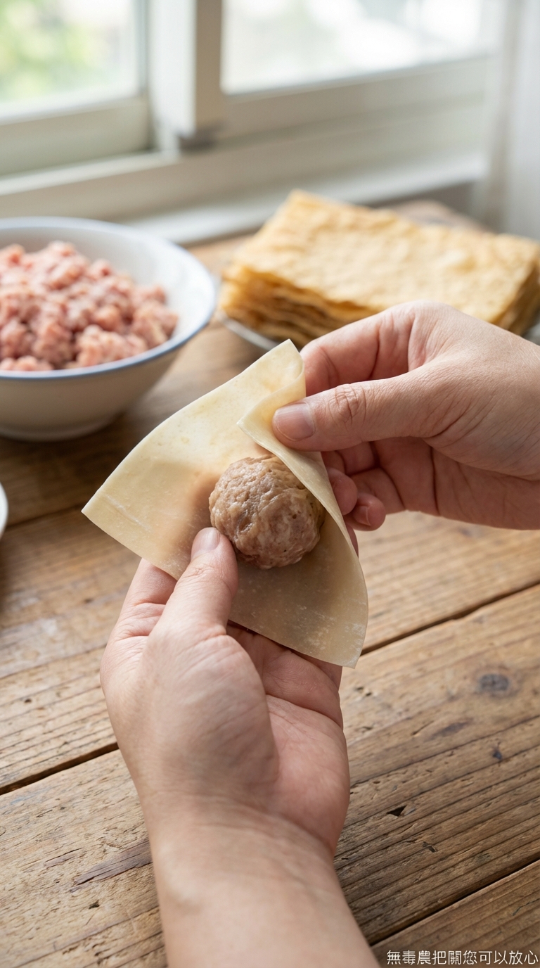 使用千張皮包裹丸子