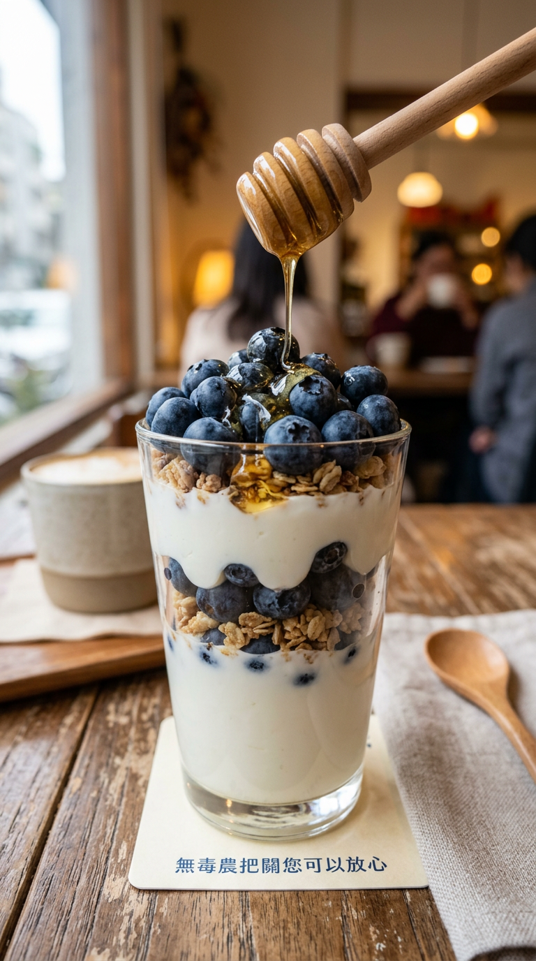 在藍莓優格芭菲上淋上蜂蜜