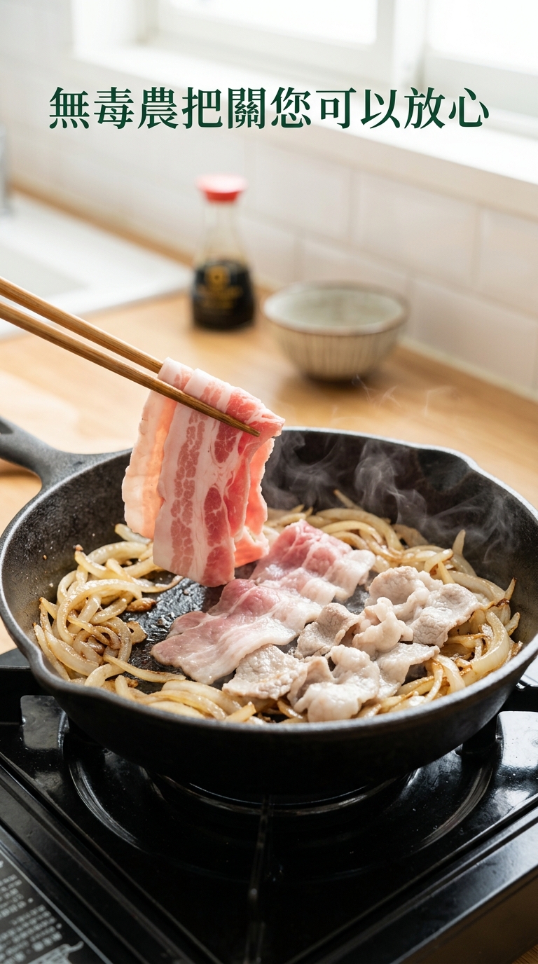 加入豬五花肉片翻炒