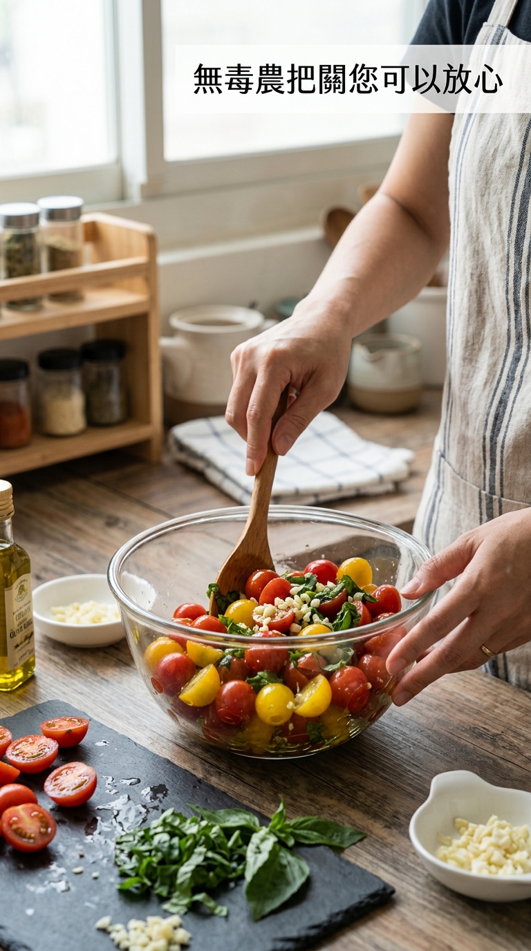 拌勻玉女小番茄與香料橄欖油