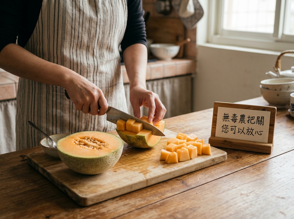 哈密瓜對半切開去籽並切成小方塊，適合搭配香草冰淇淋