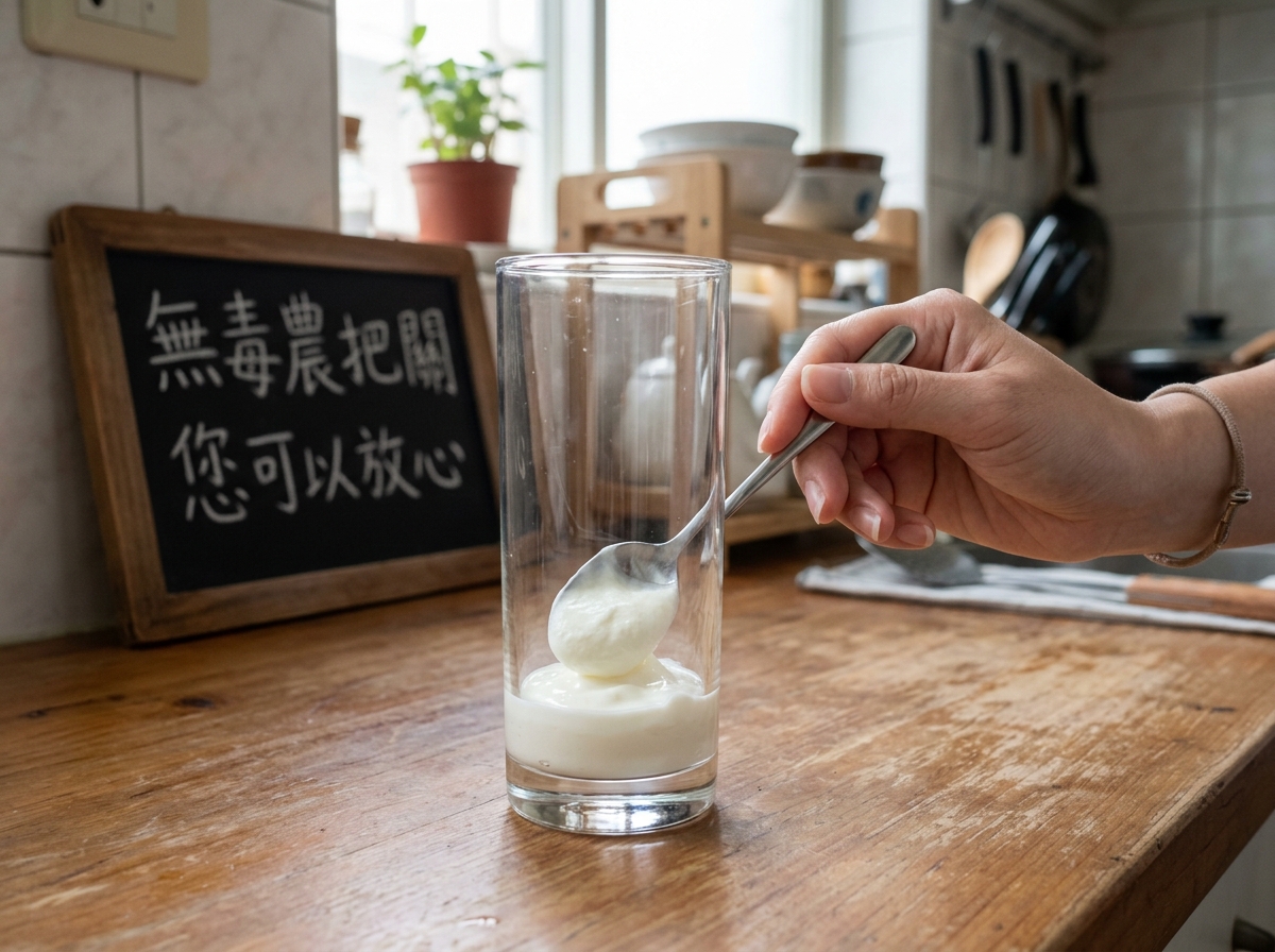 透明玻璃杯底鋪上蜂蜜優格，建立芒果聖代第一層