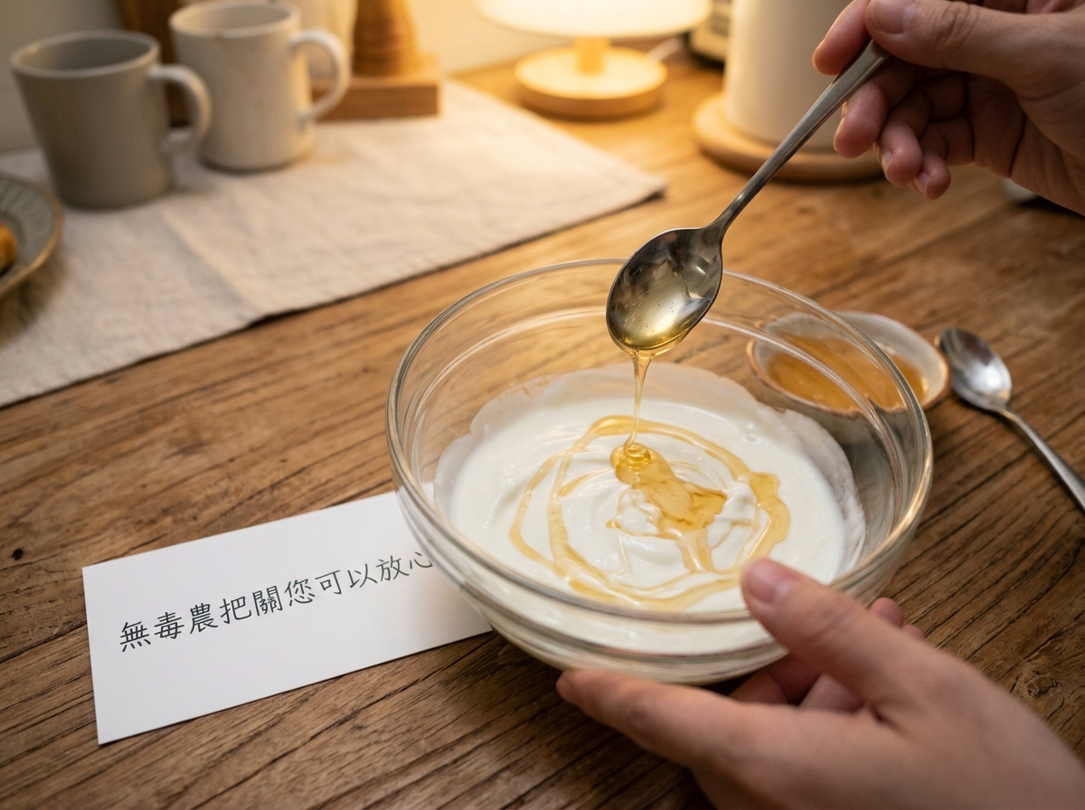 蜂蜜加入希臘優格中攪拌，製作芒果聖代優格基底