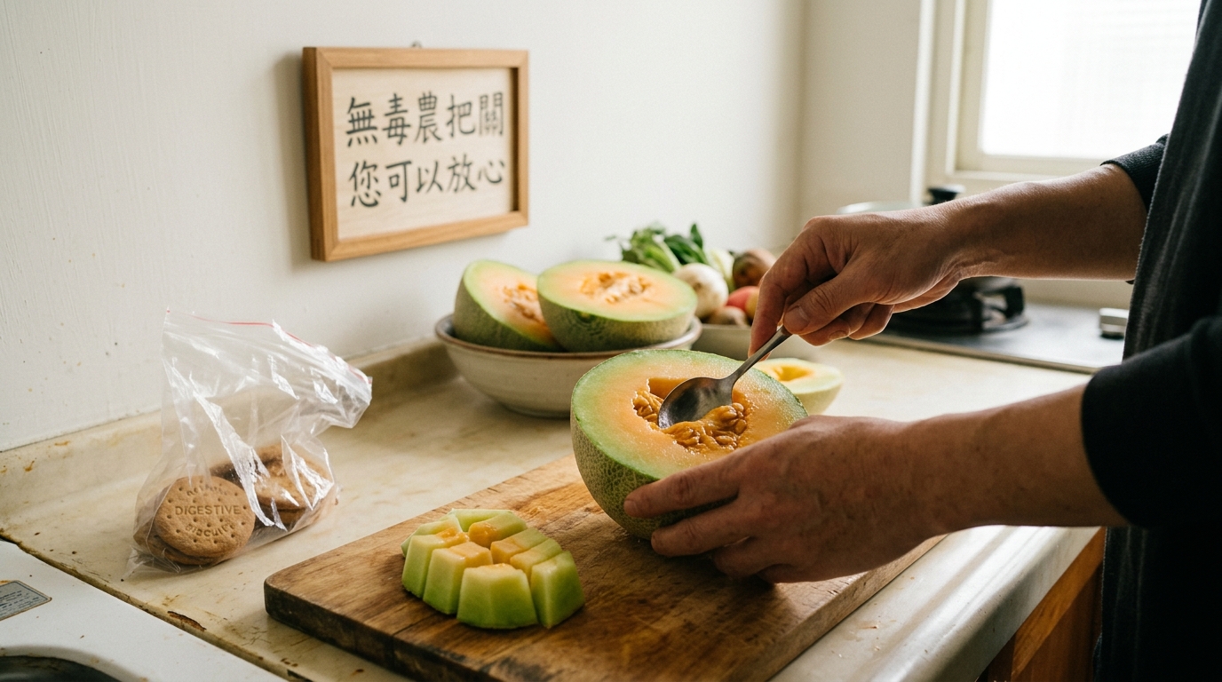 阿露斯洋香瓜洗淨去籽切塊並準備餅乾碎