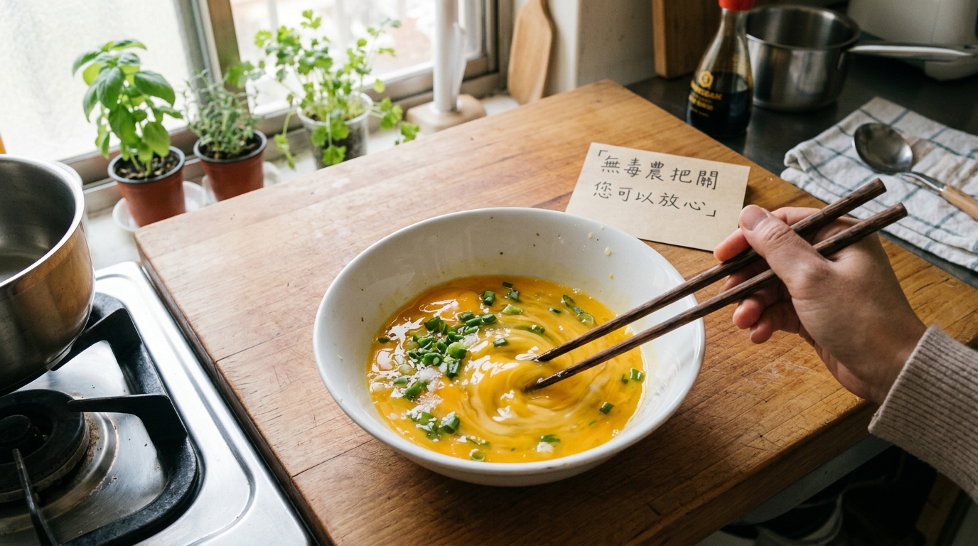 蔥花蛋食譜步驟二：將蛋液、蔥花與鹽攪拌均勻