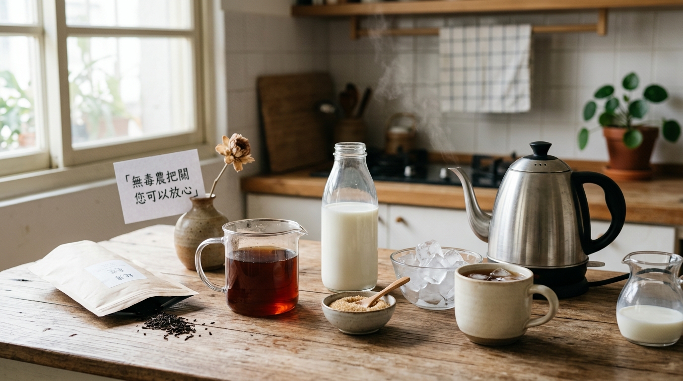 高雄紅茶牛奶食材準備：紅茶茶包、鮮乳、砂糖、冰塊與馬克杯