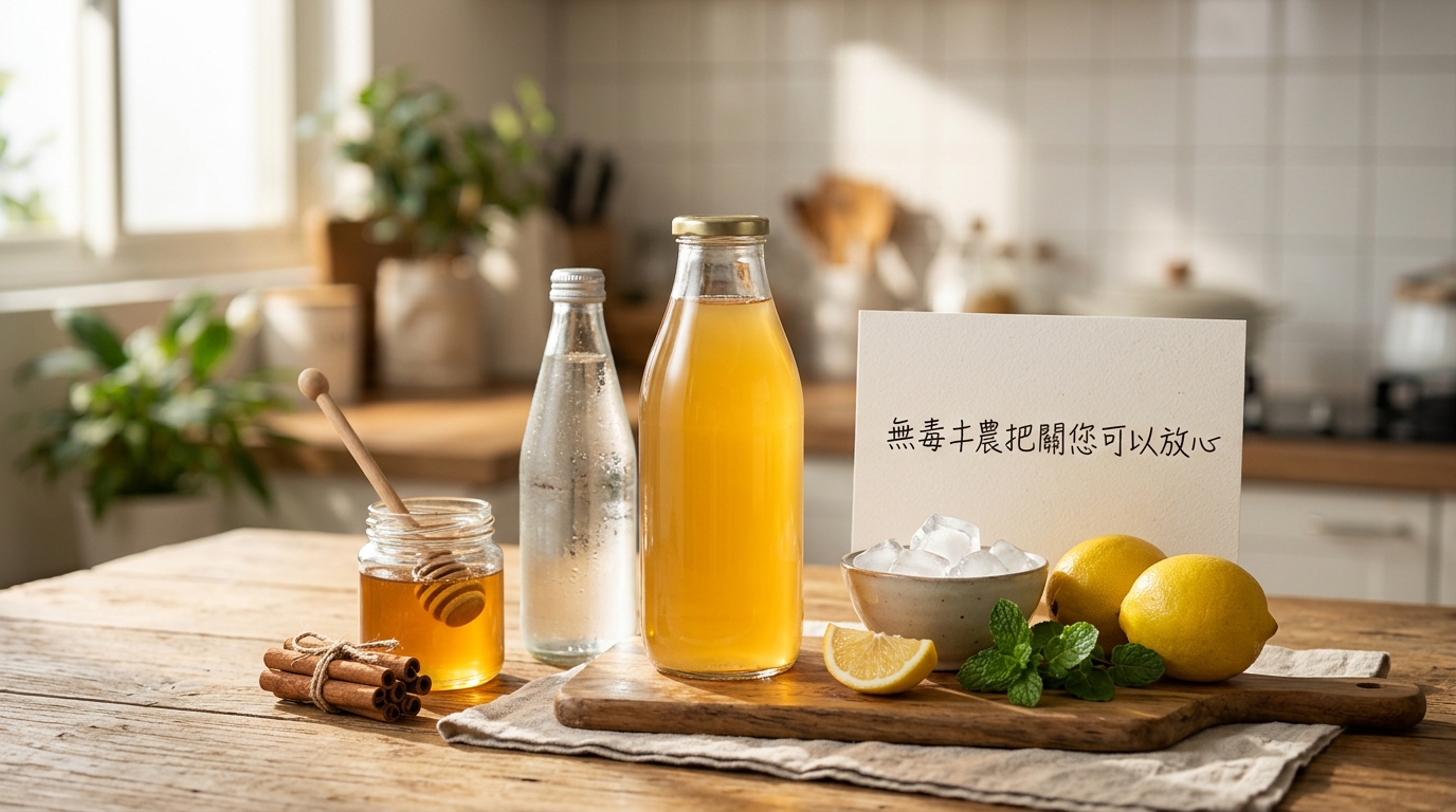 日本青森希望蘋果汁氣泡飲食材準備，包含蘋果汁、肉桂、蜂蜜、氣泡水、檸檬與薄荷
