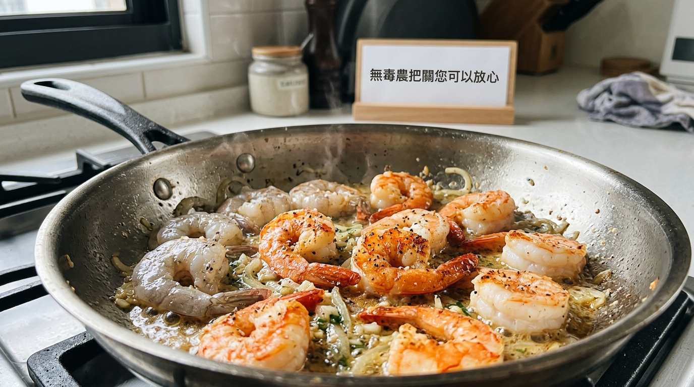 蝦仁在蒜香奶油中煎至金黃鮮紅