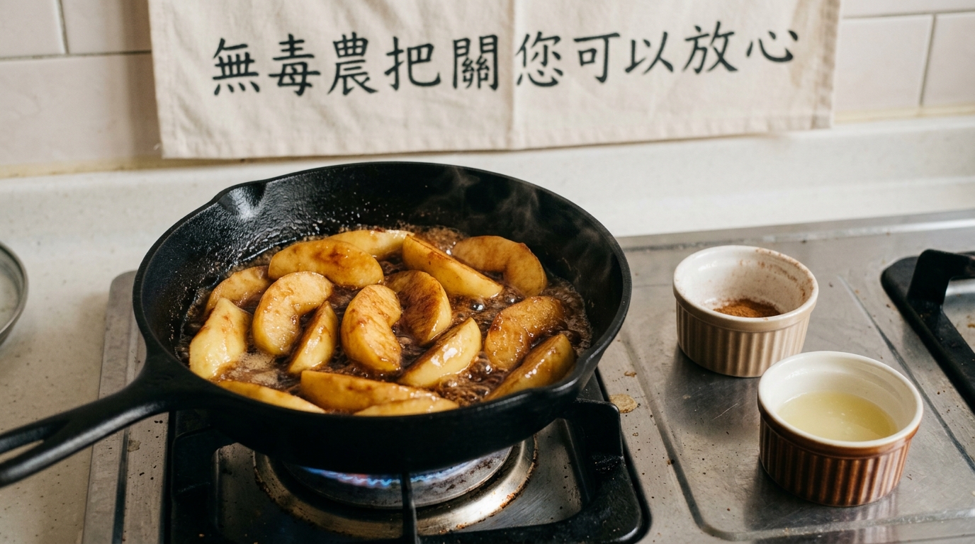 焦糖蜜蘋果做法步驟四:蘋果加入黑糖奶油醬小火燉煮至焦糖色