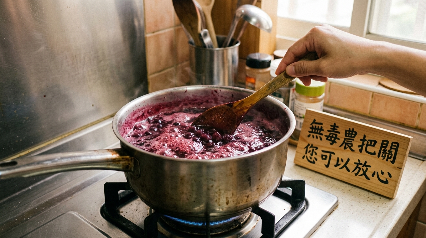 巨峰葡萄果醬步驟三：中小火慢煮並攪拌至濃稠