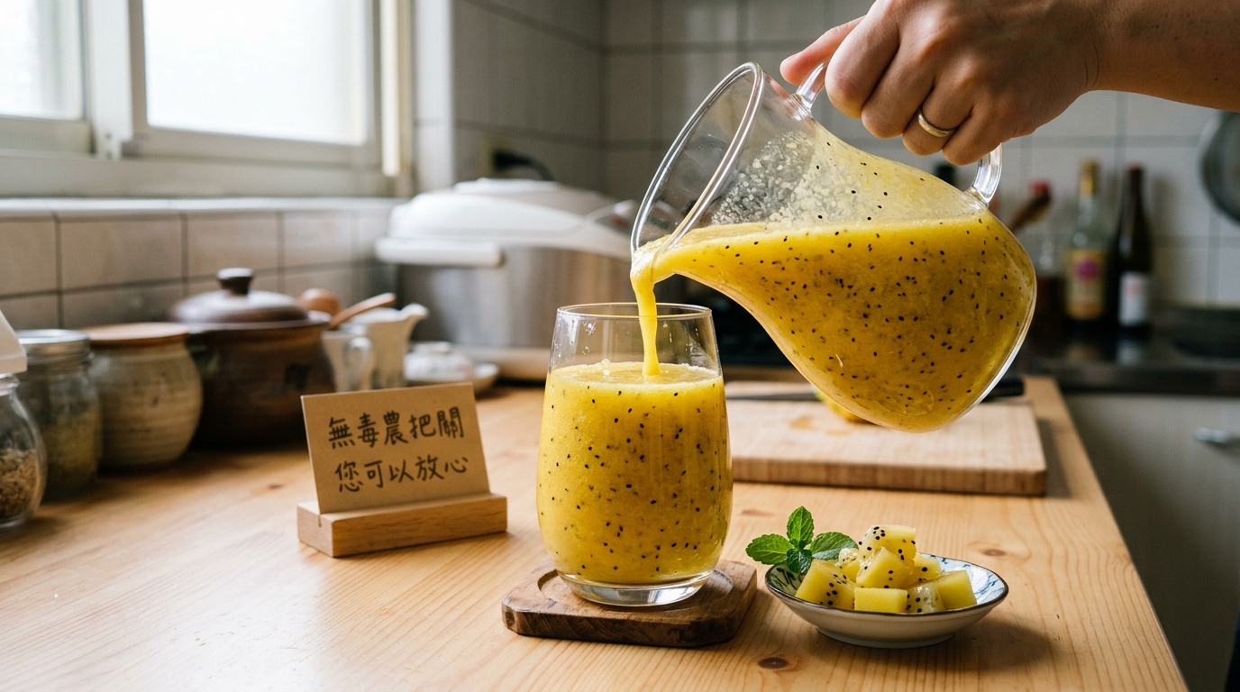 完成的黃金火龍果奶昔倒入透明玻璃杯