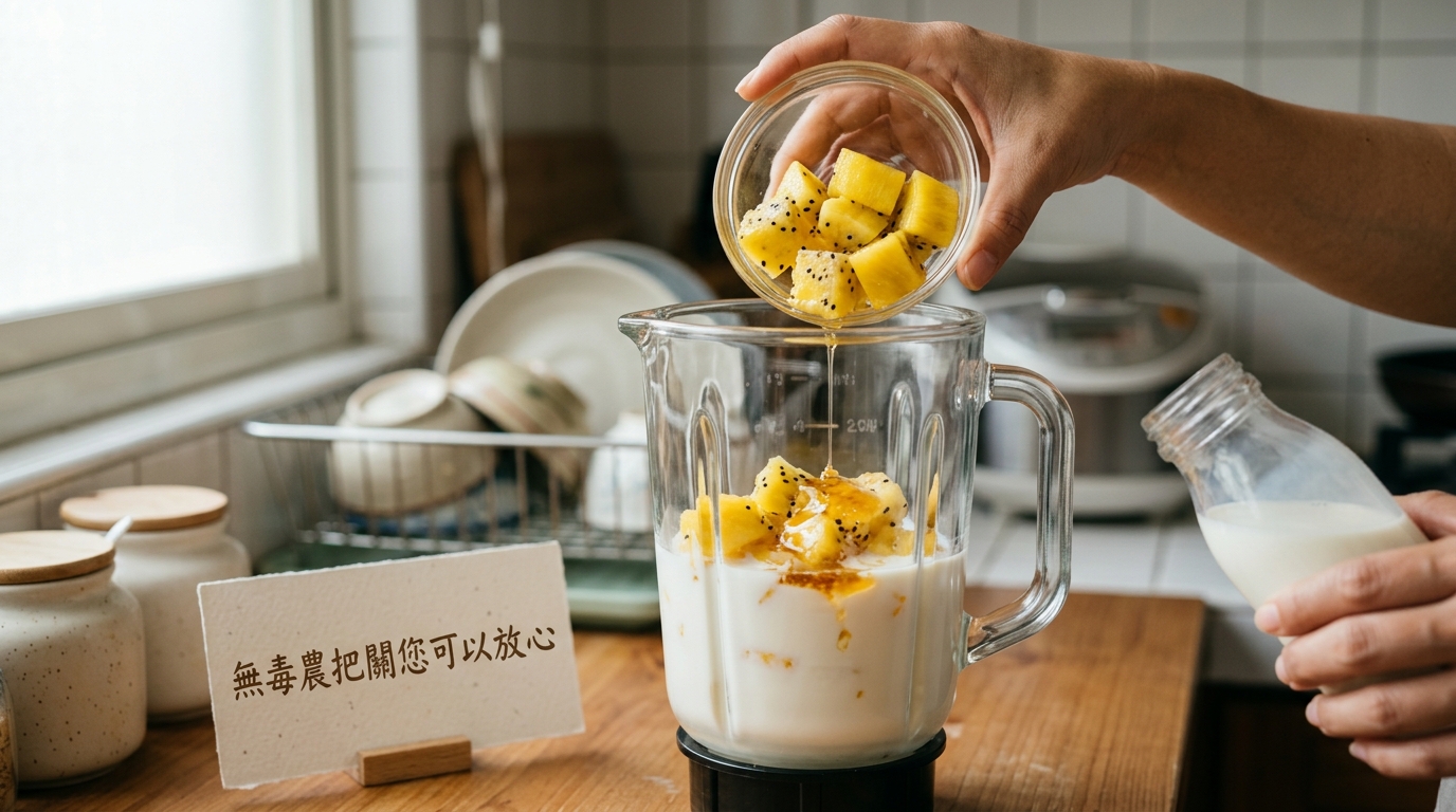 將黃金火龍果、鮮奶與蜂蜜放入調理機