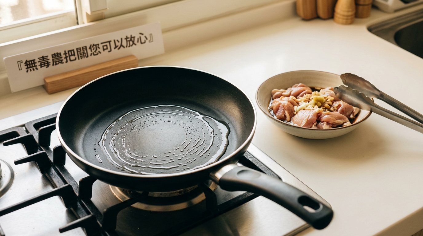 香煎紅玉雞腿肉步驟二：平底鍋中火熱鍋並加入少許油