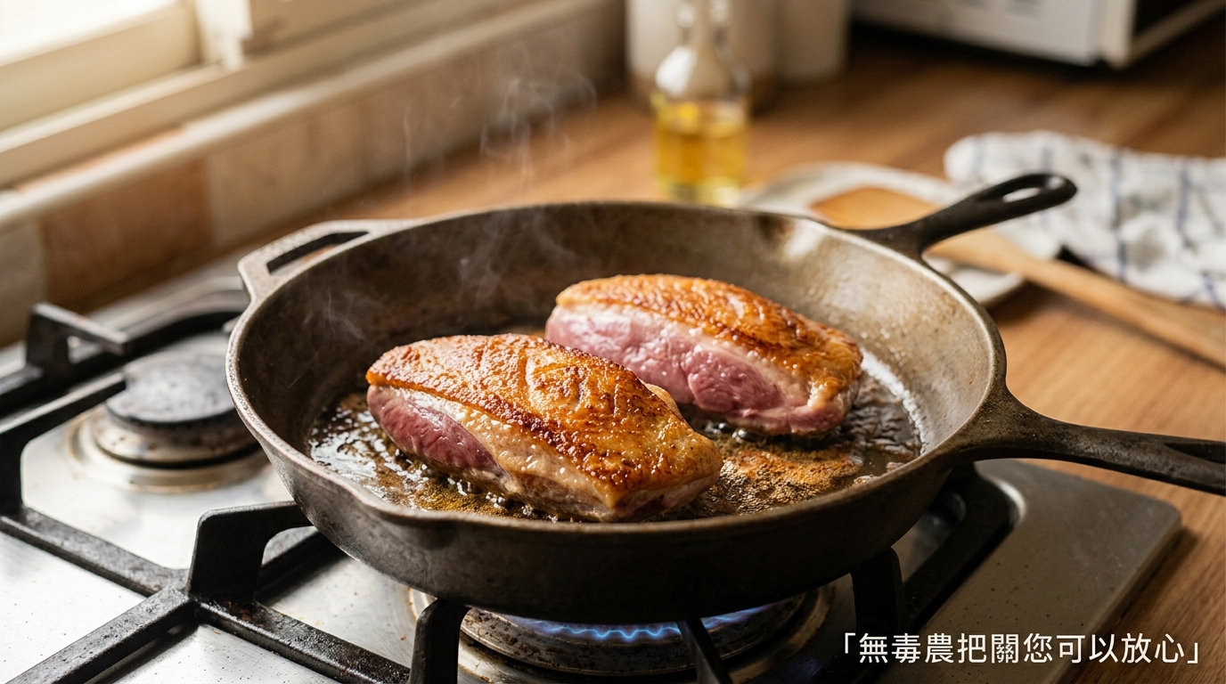 櫻桃鴨胸以鴨皮朝下在平底鍋中煎至金黃酥脆