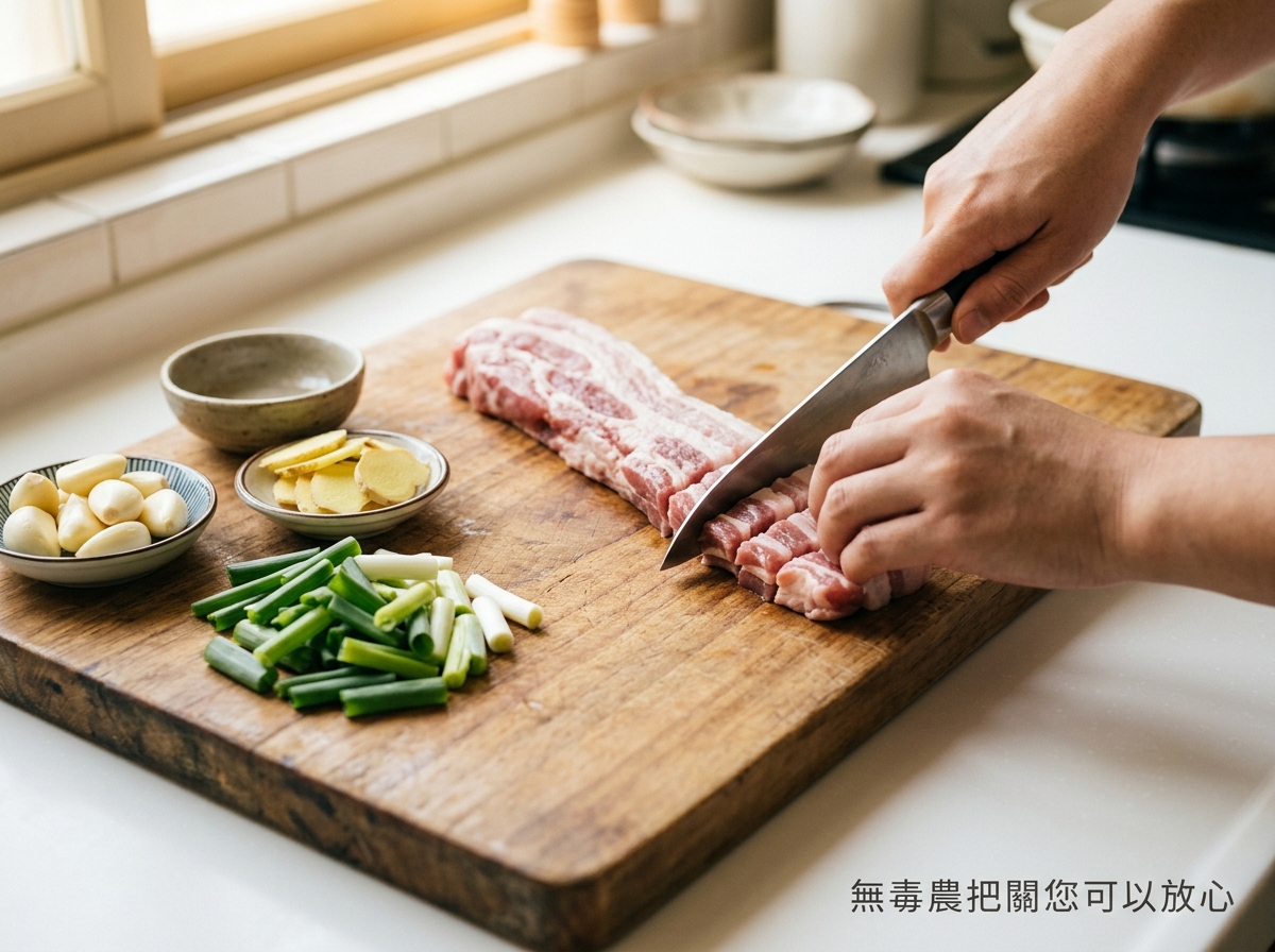 切成長條的五花肉與蒜薑青蔥備料