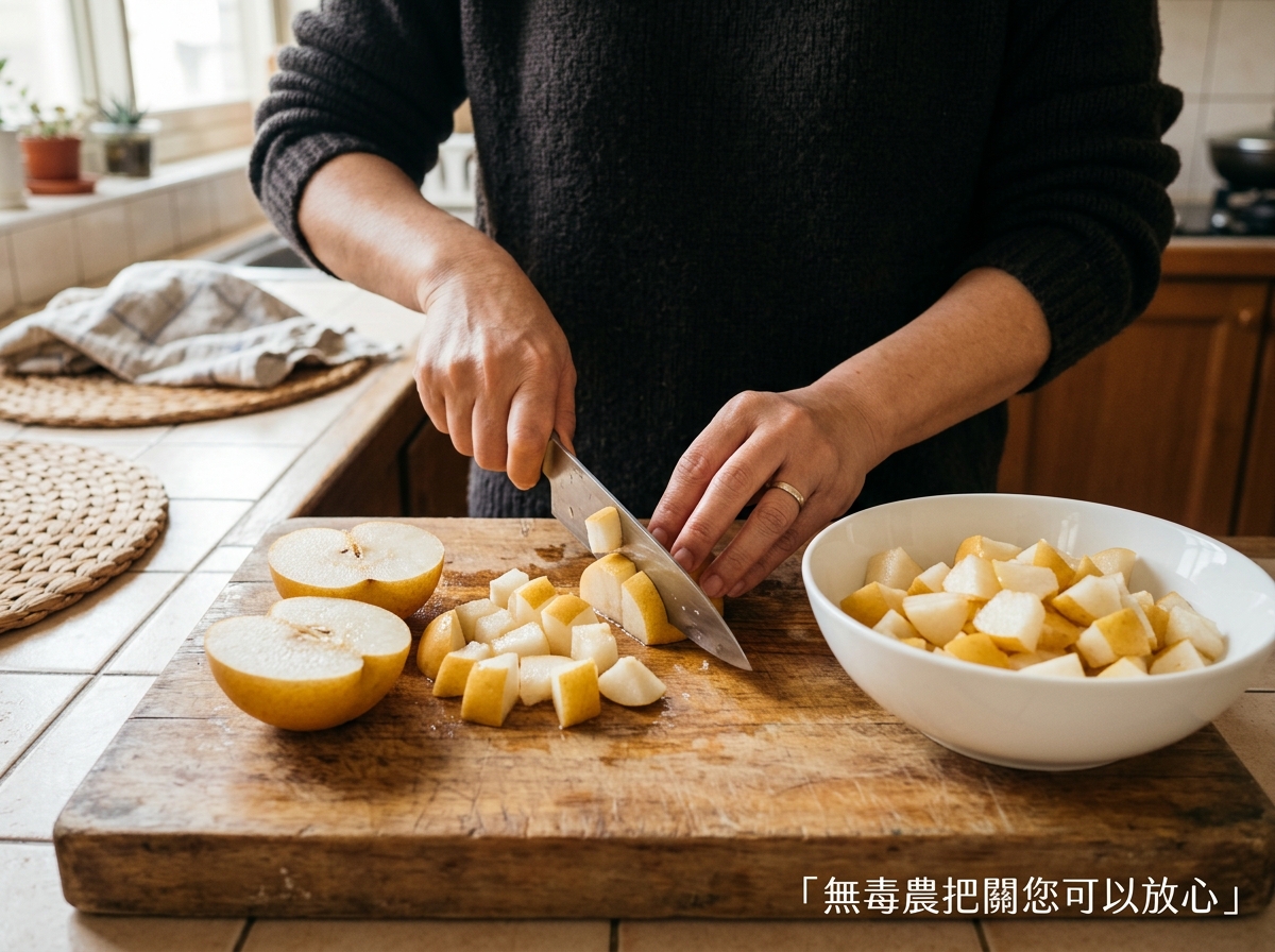 將去皮去芯的梨子切成均勻小塊