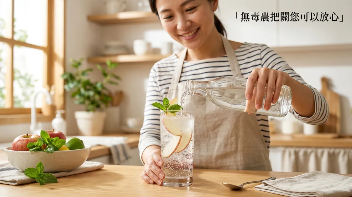 倒入氣泡水並以薄荷完成蘋果氣泡飲