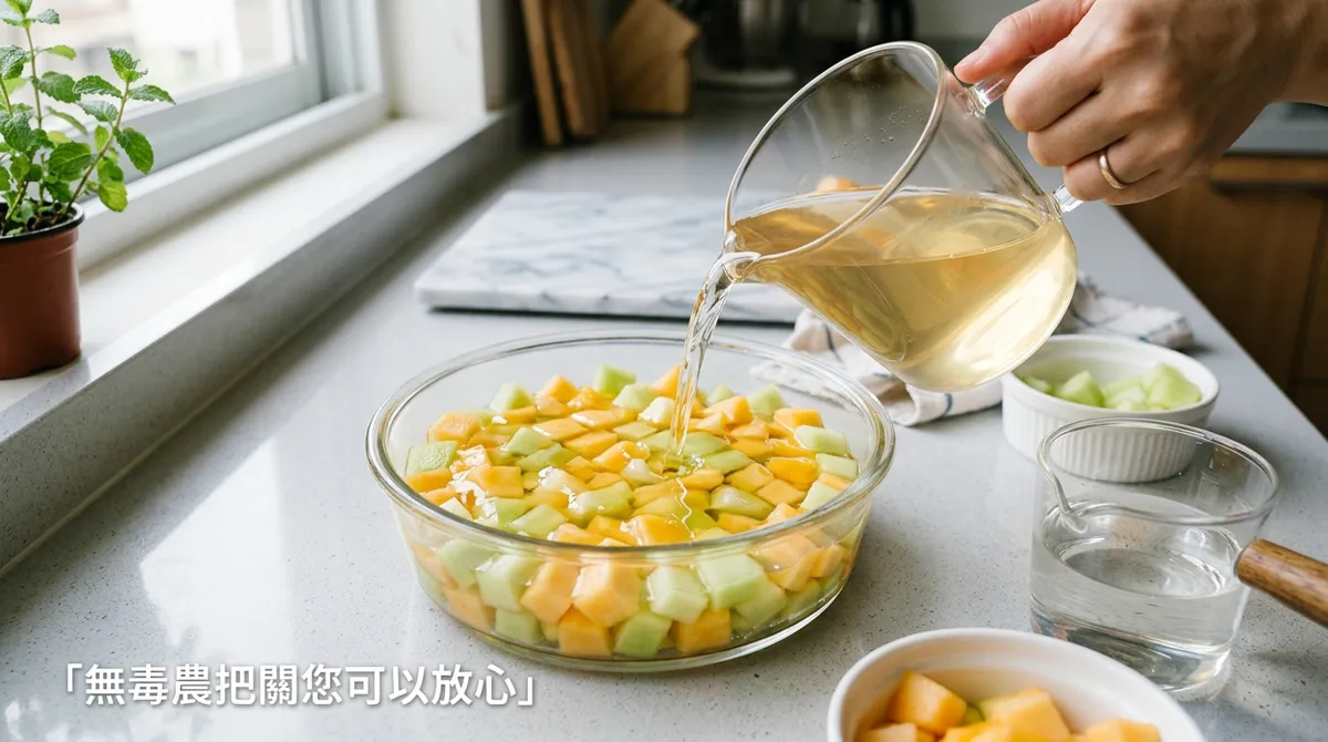 將果凍液倒入放有哈密瓜丁的模具