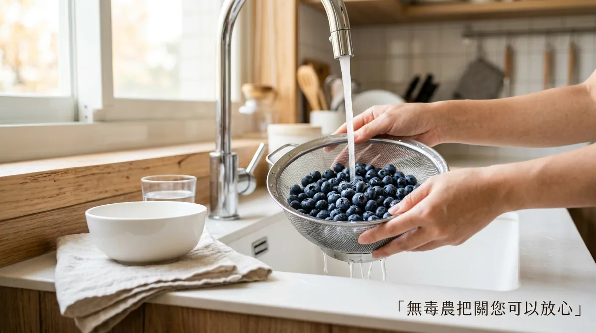 以清水沖洗並瀝乾新鮮藍莓