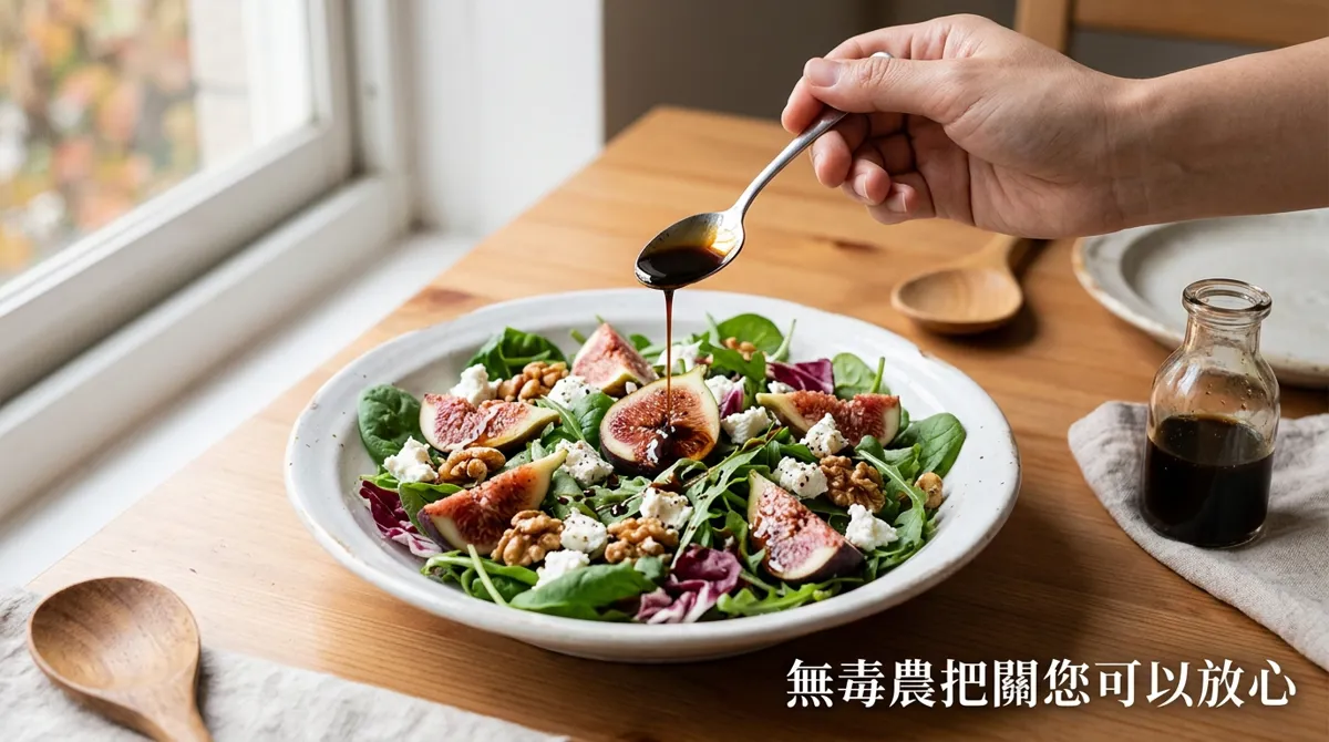 將油醋醬淋在完成的無花果沙拉上