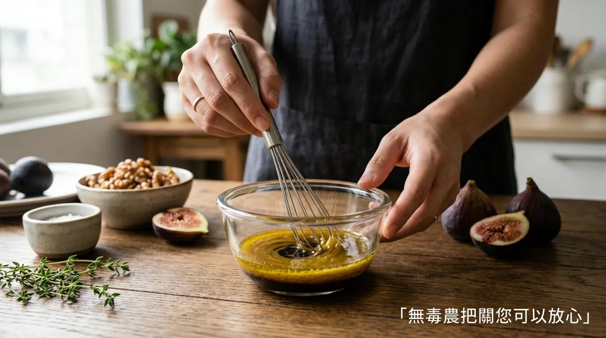 將橄欖油與巴薩米克醋攪拌成油醋醬