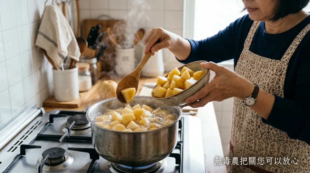將梨塊放入糖水中燉煮