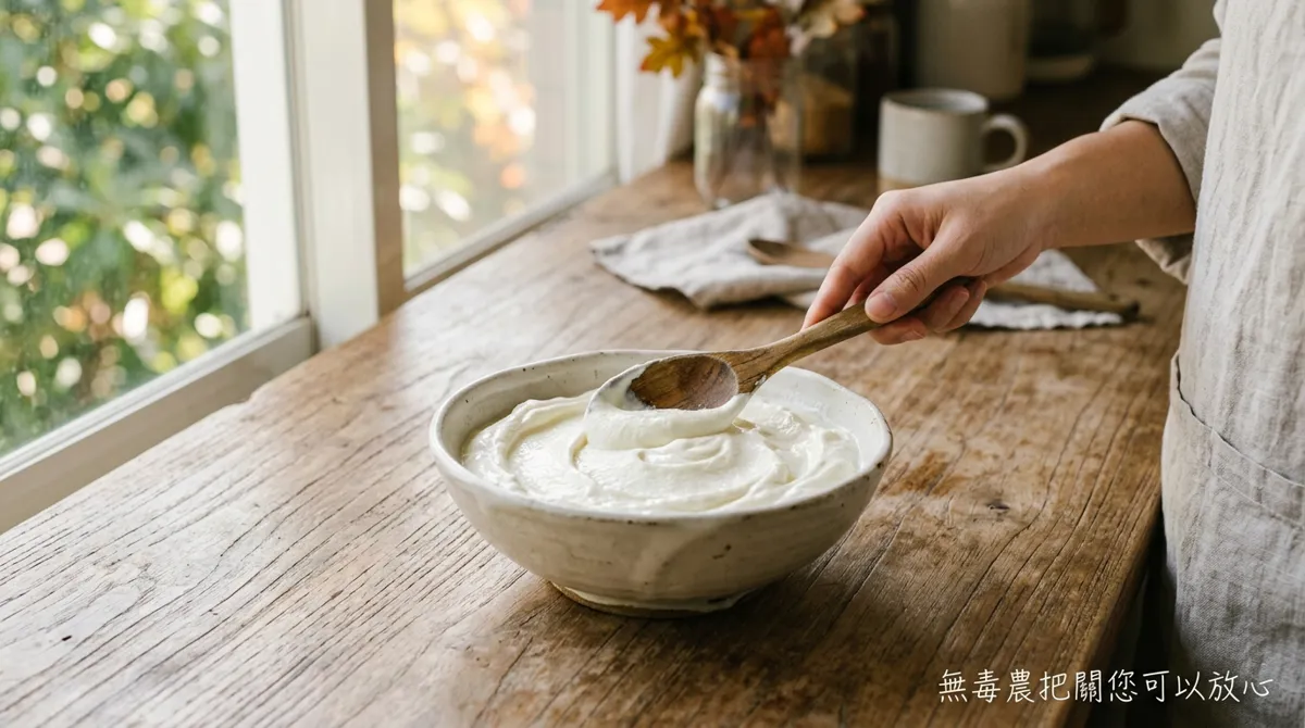 在陶碗中鋪平希臘優格基底