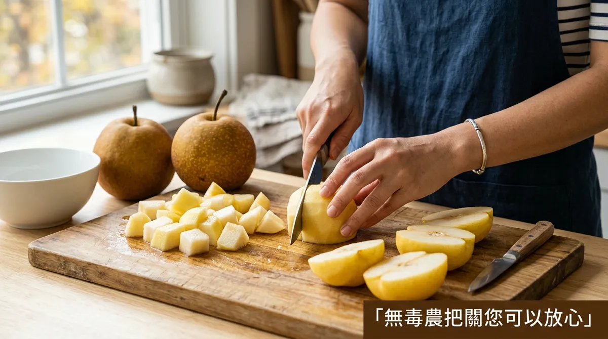 將洗淨去皮的高山甘露梨切成小塊