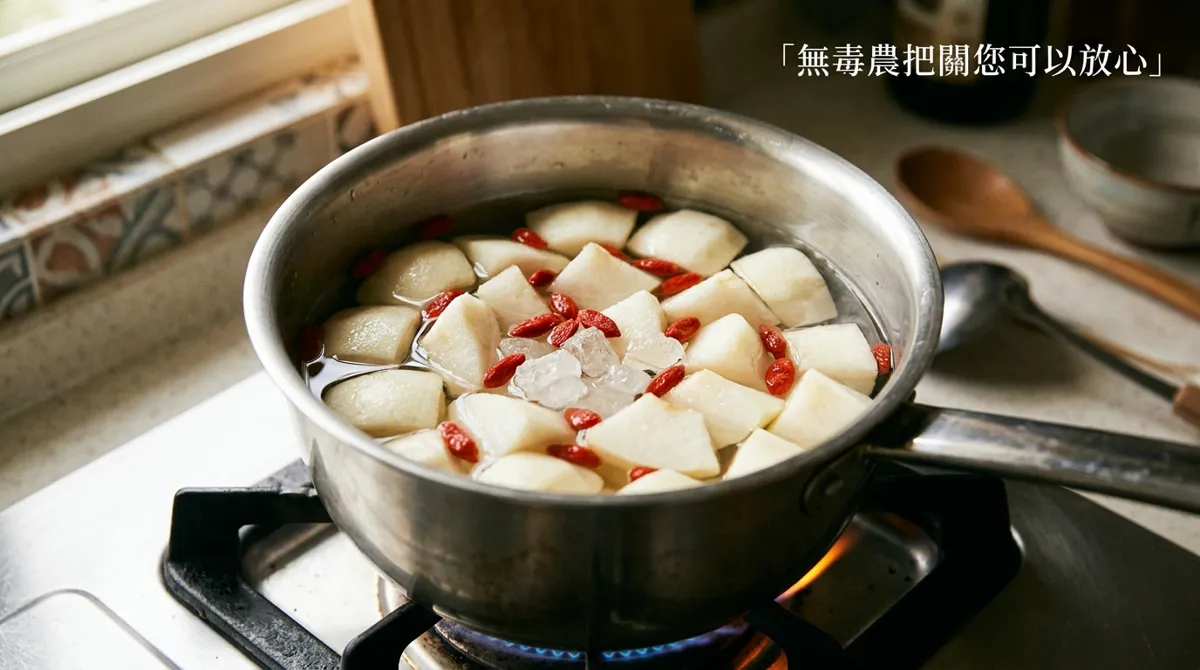 梨塊枸杞冰糖與清水放入鍋中