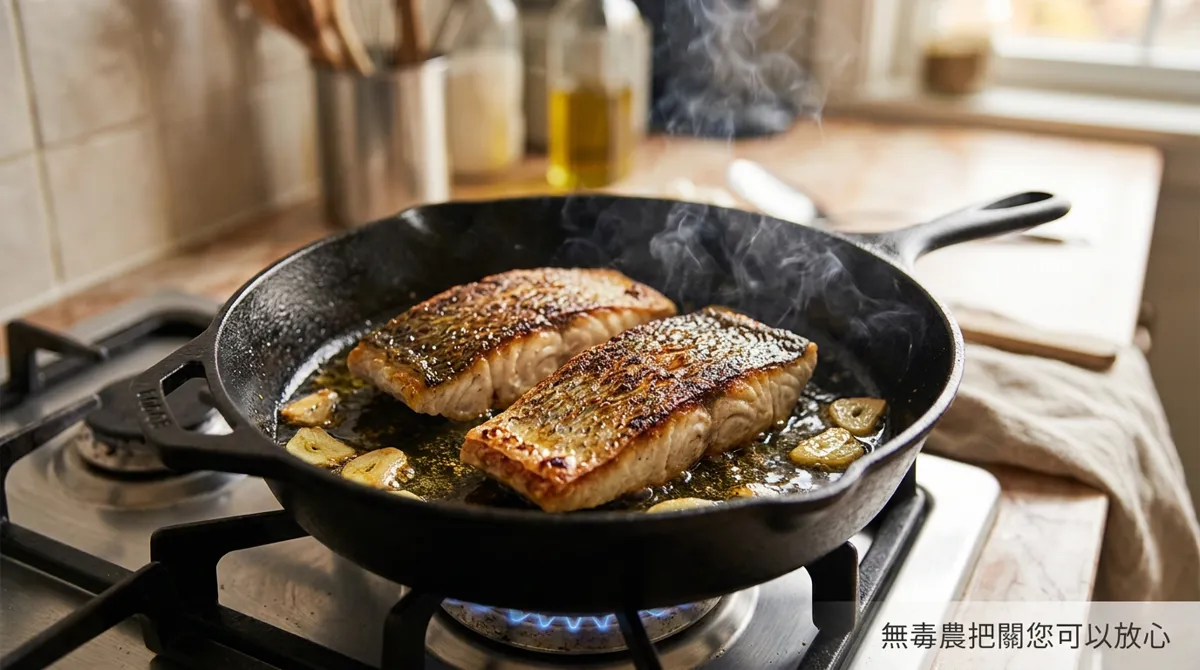 平底鍋香煎金目鱸魚排魚皮